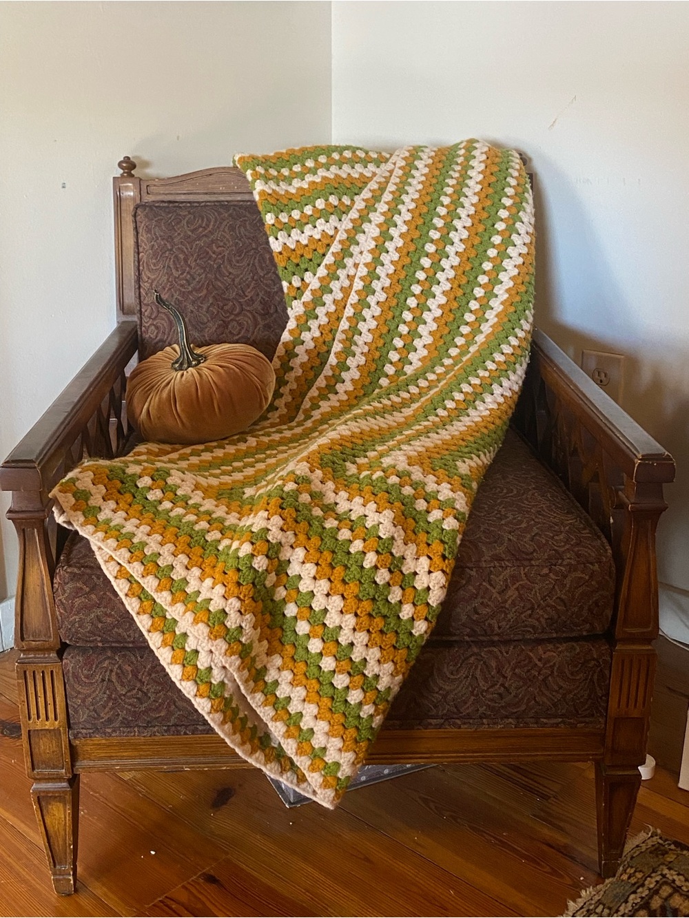 Handmade Green, Mustard & Cream Crochet Throw Blanket - Cozy Home Holiday Accent